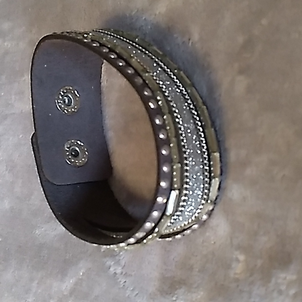Shinny Silver Brown Leather Cuff